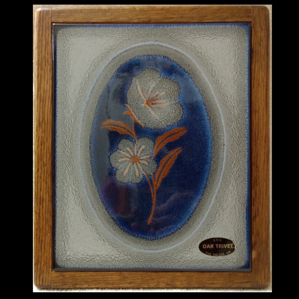 Vintage Boho Floral Bouquet Tile Oak Wood Trivet by SRG